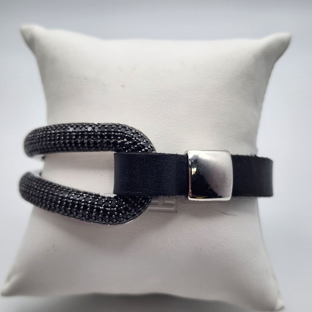 Milor Italy Bronze Silver Tone, Black Leather & Black Spinel Bracelet